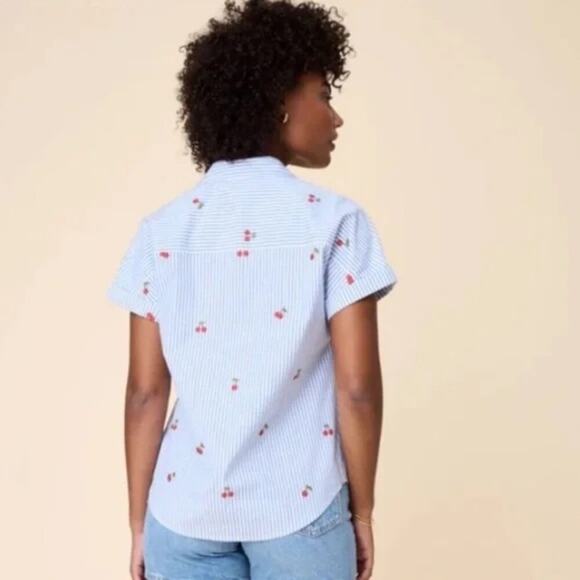 Embroidered Cherry Stripe Button Down Shirt Women's Medium Fruitcore Coquette - Picture 11 of 16